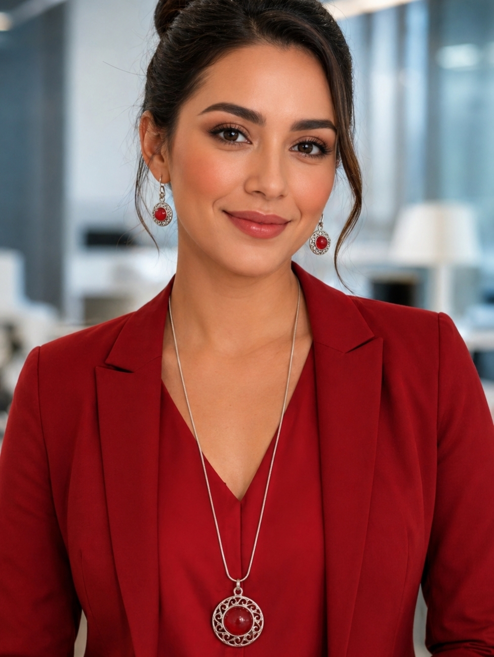 New York and Company Red‎ & Silver Tone Earring with Necklace Set
